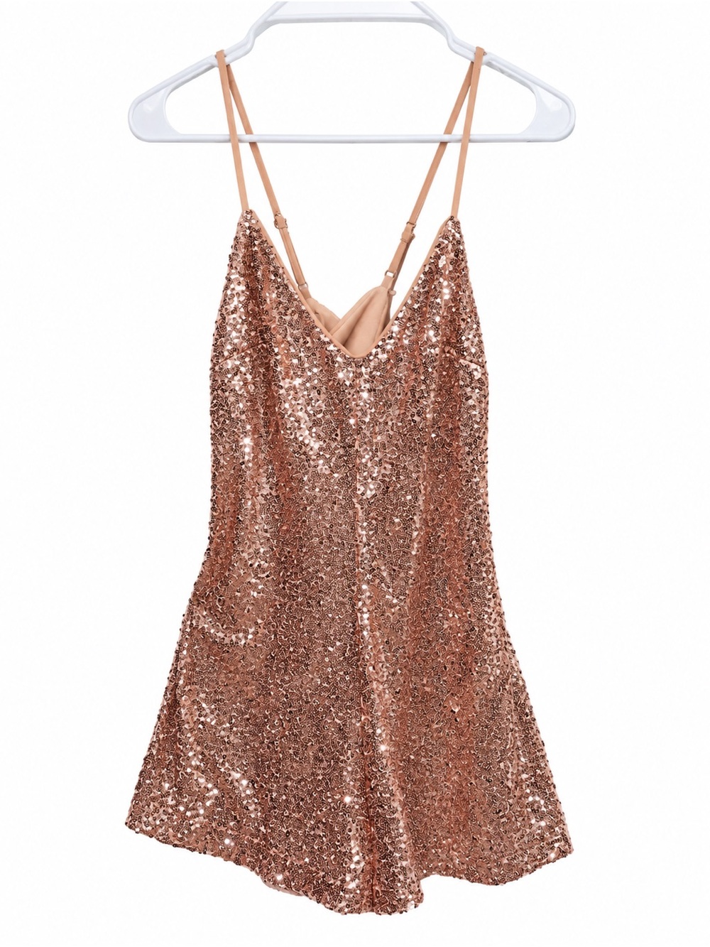 Sequin Slip Dress with Adjustable Straps - Rose Gold